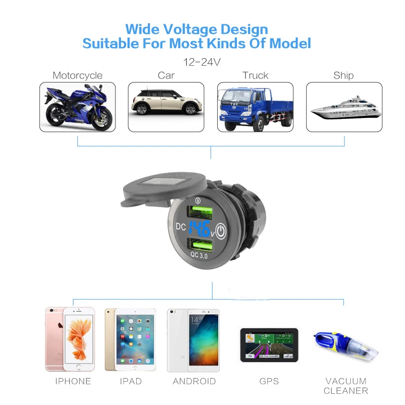 USB Car Charger Socket Dual QC3.0 Port Quick Charge 12V 24V Car Adaptor with LED Digital Voltmeter Touch Switch for Marine Boat