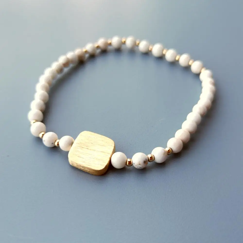 

Lii Ji Natural 4mm White Howlite Bracelet 925 Sterling Silver 18K Gold Plated Square Beads with 14K GF Beads Elastic Bracelet