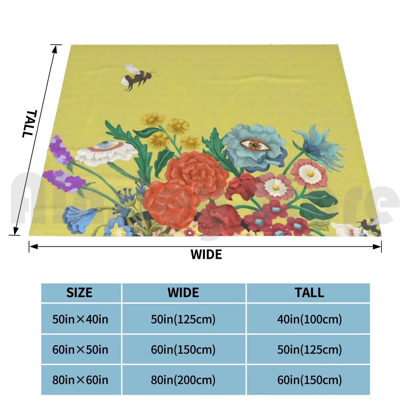 Flourishing Yellow Blanket Fashion Custom Wildflowers Roses Surreal Bumblebee Nature Silhouette