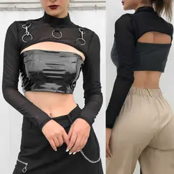 Thời Trang Cho Nữ Lưới Dài Tay Cổ Tròn Crop Tops Thể Làm Áo Thun Áo Gợi Cảm Cho Các Bạn Gái Mùa Thu