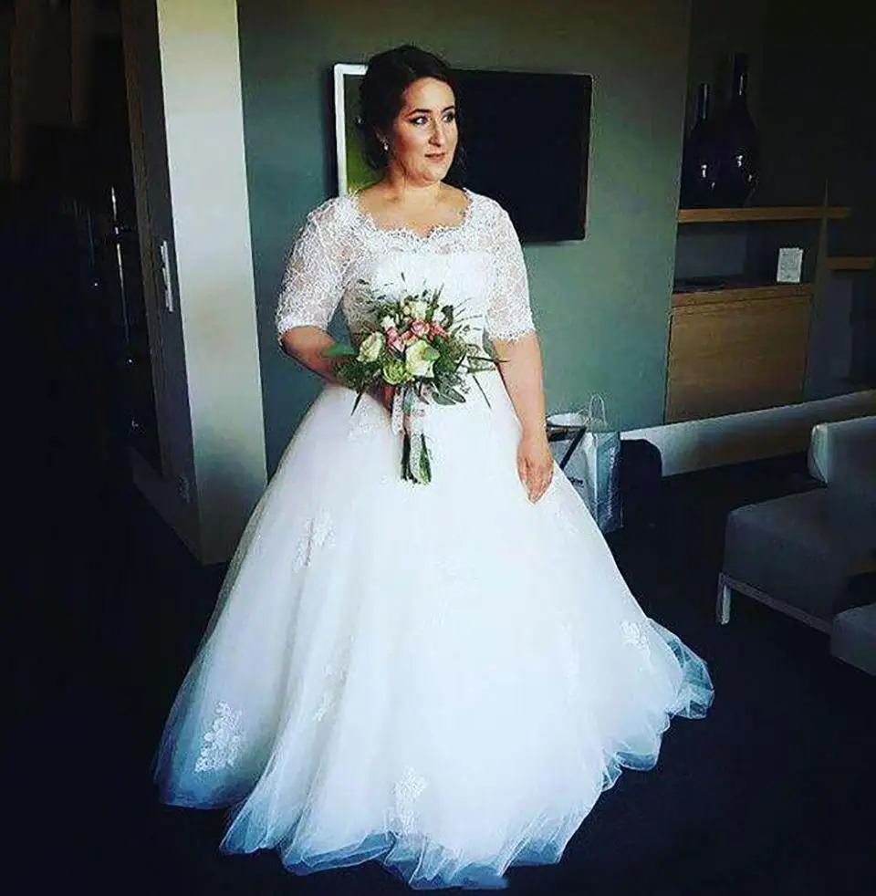 Vestidos de novia blancos de talla grande, escote de Joya, Media manga, línea A, encaje, tul, cremallera trasera, largo hasta el suelo