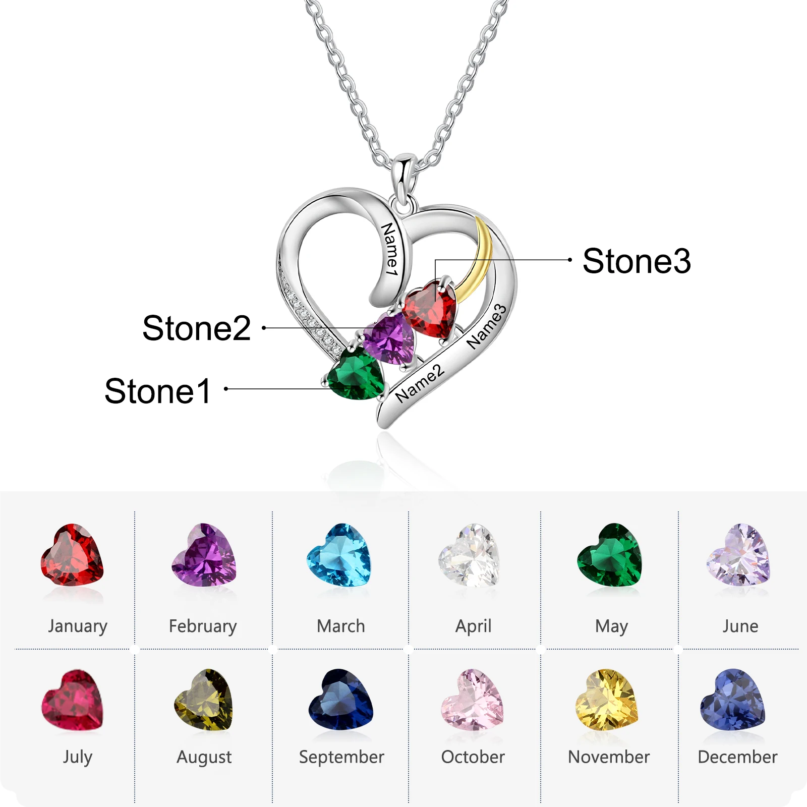 JewelOra Customized Heart Pendant with 3 Birthstone Personalized Engraved Name Mother Necklace Christmas Gift for Wife