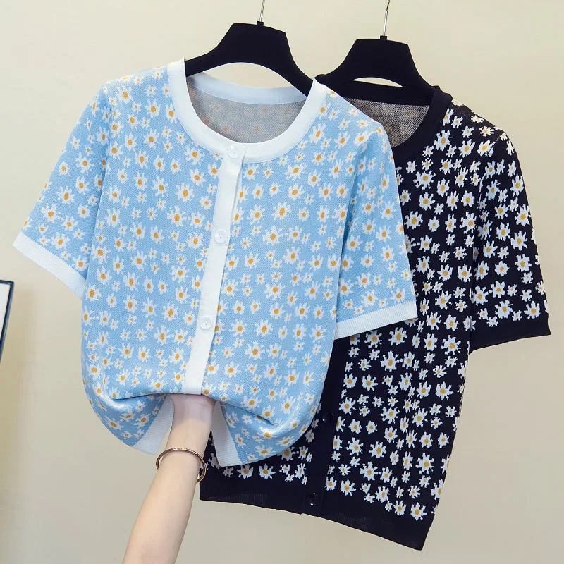 M-4XL size women Summer thin kintting sweater 2021 short sleeve o neck flower print button Oversized pullover jumper