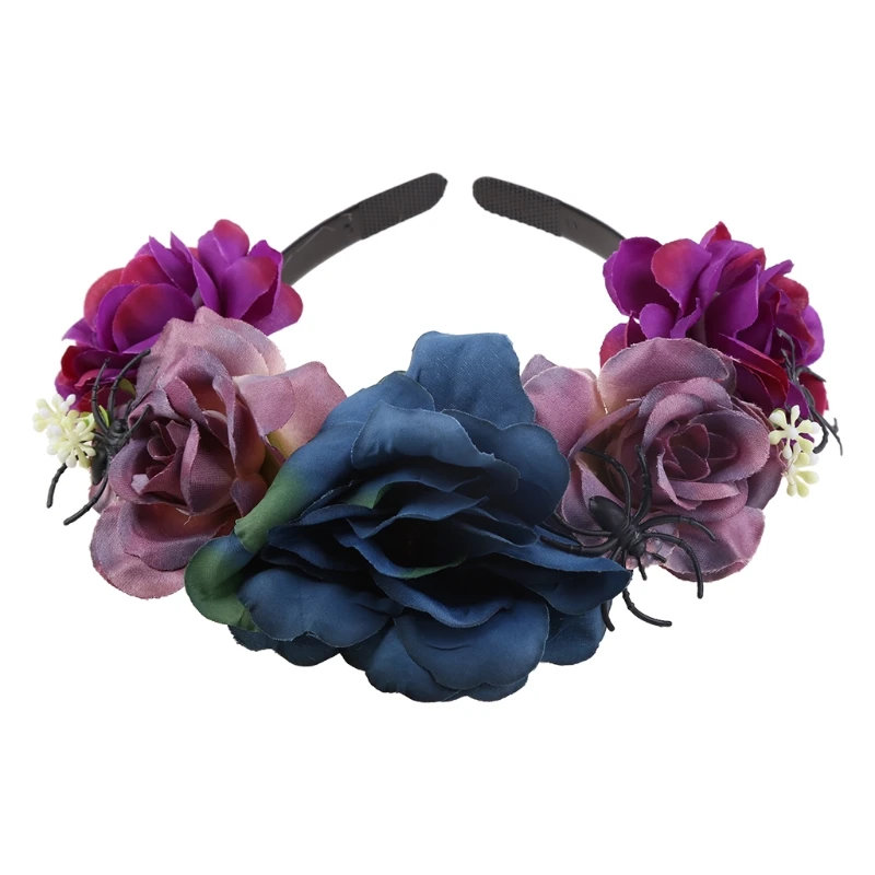 Halloween Day of the Dead Headband Bloomy Rose Floral Crown Scary Spider Skull Festival Hair Hoop Mexican Headpiece