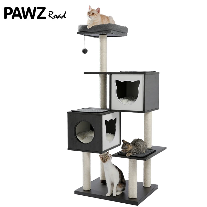 Modern Cat Tree Wood Tower Sctraching Post for Cat Kitten Multi-Level Tower Solid Large Hummock Condo rascador gato arbre à chat