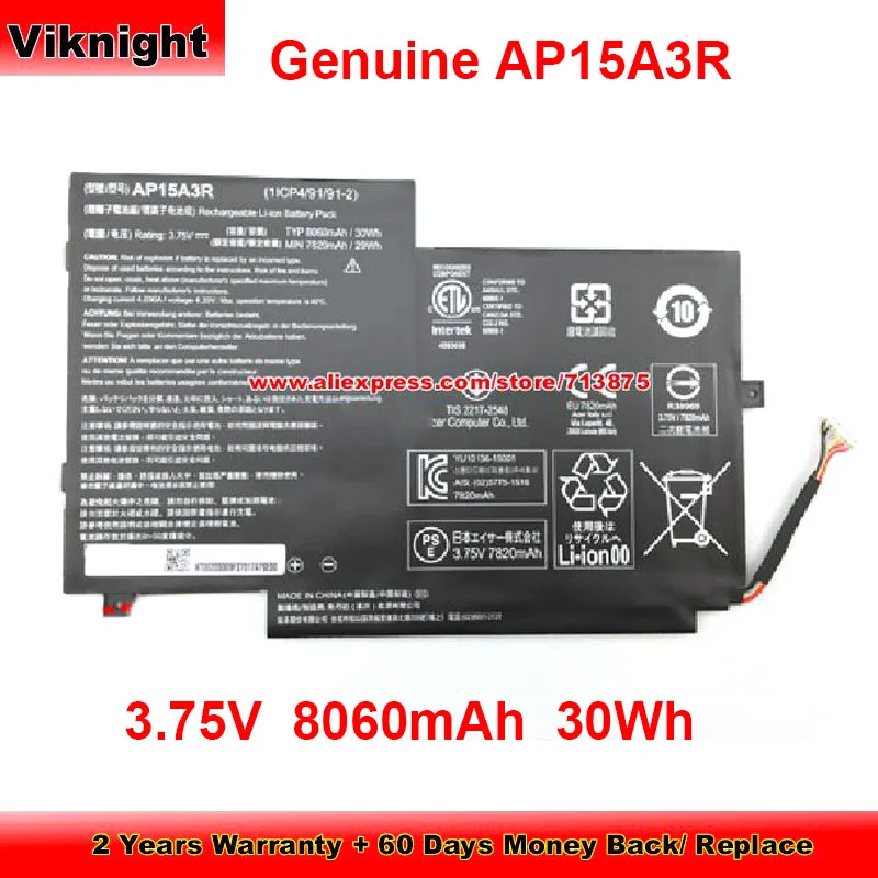 

Genuine AP15A3R Battery KT.00203.009 for Acer Aspire Switch 10 SW3-013 10E SW3-013P SW3-016-18K8 Laptop 3.75V 8060mAh 30Wh