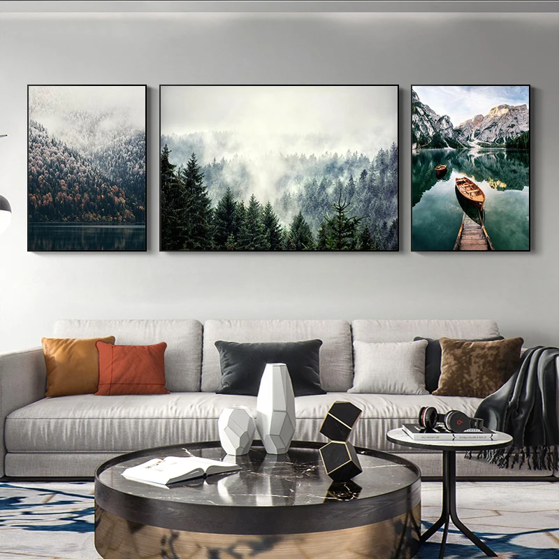 Scandinavian Travel Landscape Canvas Painting Mountain Boat Grass Nordic Poster Print Wall Art Picture Modern Living Room Decor