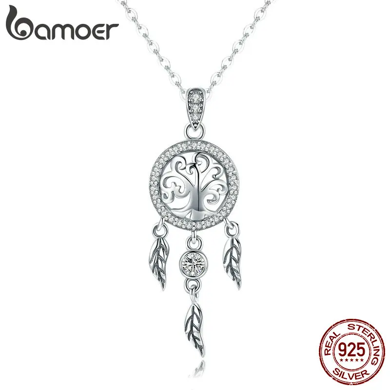 BAMOER Real 925 Sterling Silver Tree of Life Fashion Dream Catcher Pendant Necklaces for Women Sterling Silver Jewelry SCN298