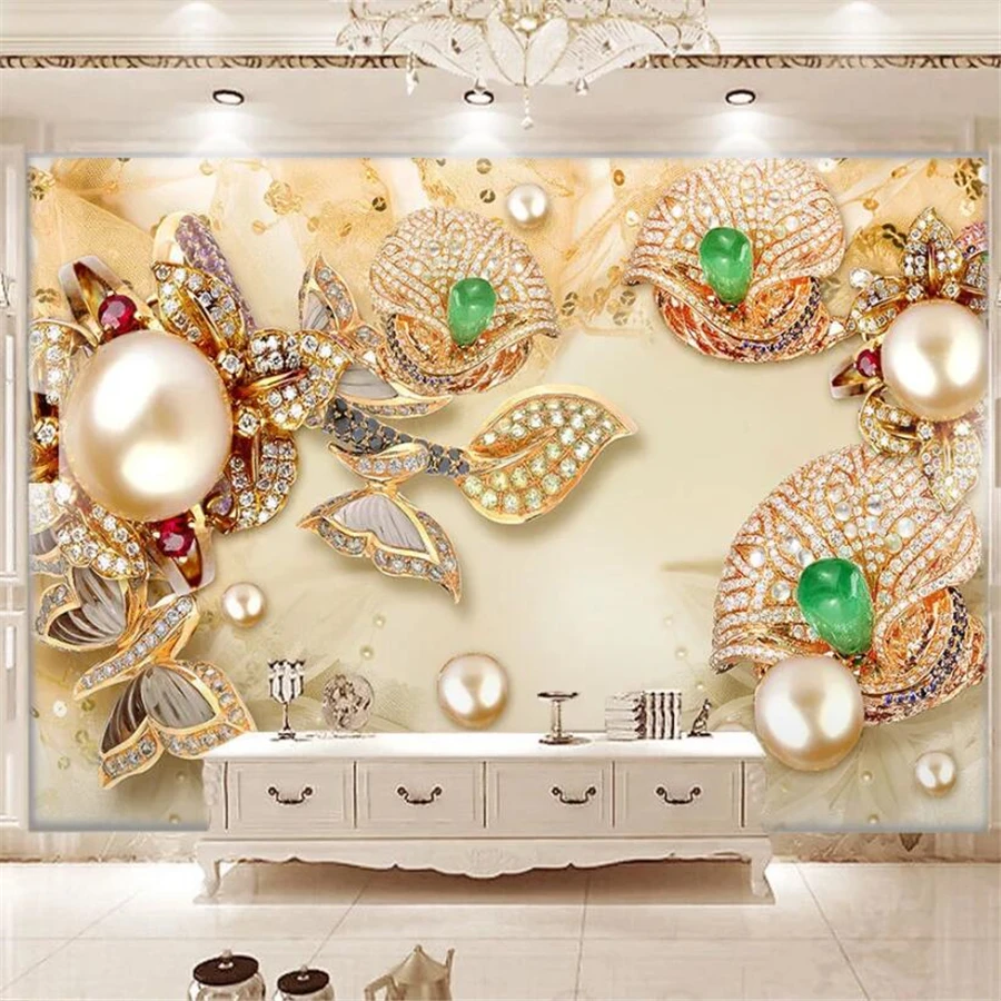 Custom wallpaper 3D gold glazed diamond flower jewelry TV background wall 3d soft bag luxury gold diamond flowers 3d wallpaper