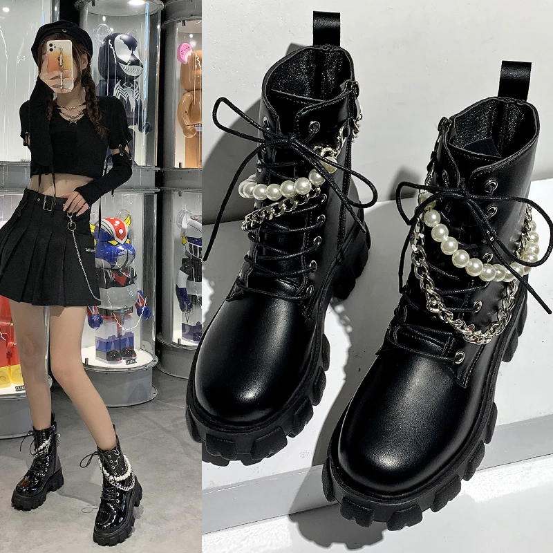 2022 New Women Boots Fashion Platform Boots Pearl Chain Casual Women Boots Chunky Boots  Women Riding Boots