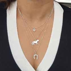 hzew 3 Layers horse necklace heart  horse  Horseshoe pendant necklaces