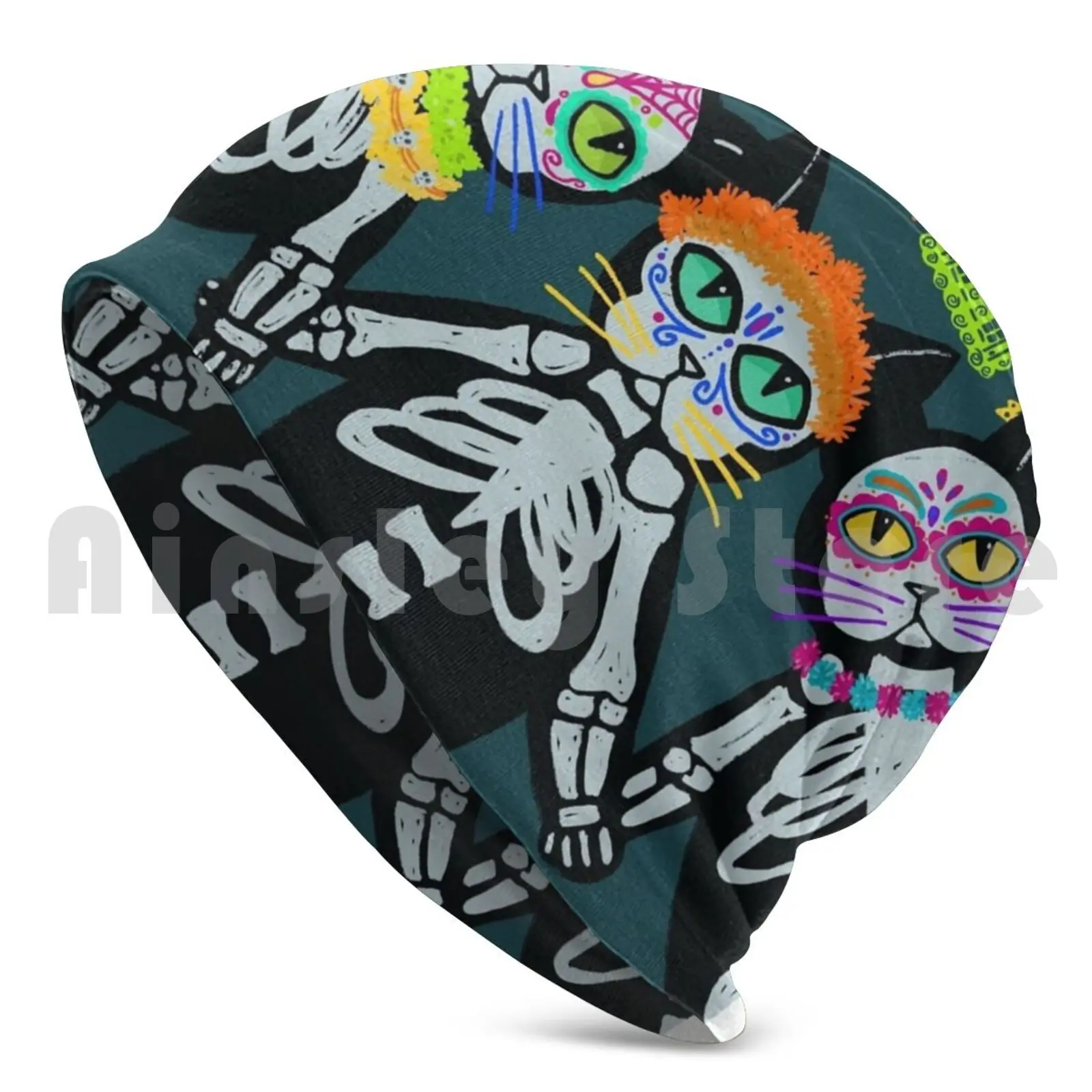 Day Of The Dead Cat Beanies Knit Hat 108 Beanies Print Cat Black Cat Skull Halloween Dia De Los Muertos Mexico