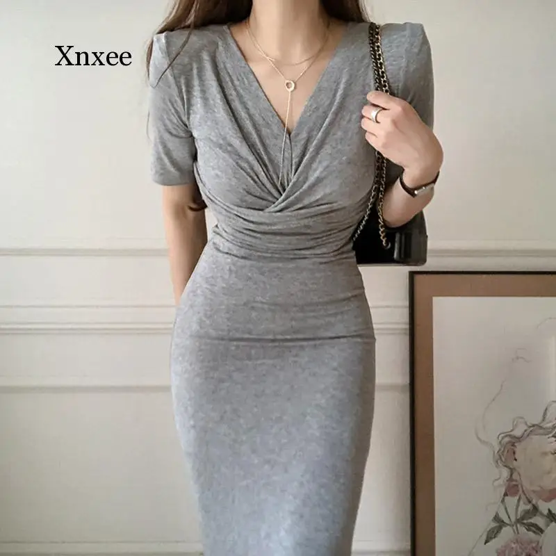 

Gray Maxi Dress for Women Summer Wear New Short Sleeve V Neck Cotton Ladies Long Knitted Dresses