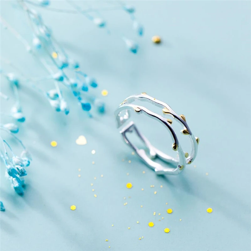 Sole Memory Creative Double Tree Branch Fresh Cute Sweet Art Silver Color Female Resizable Opening Rings SRI344