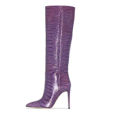 

Crocodile Knee High Boots Stylish Light Purple Stiletto Heel Slip On Runway Women Shoes Dress Party Pointy Toe Leather Boots