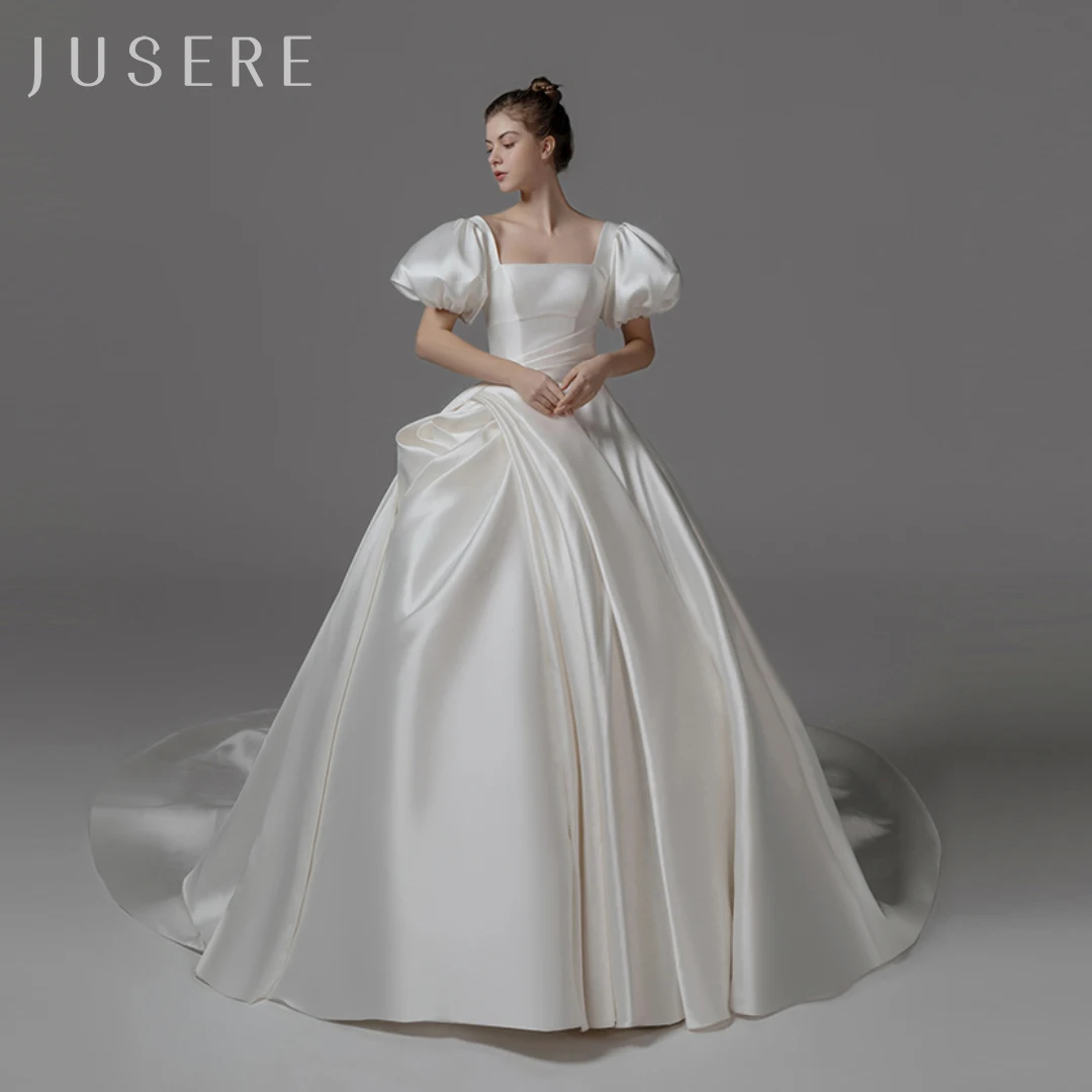 Jusere Square neckline Satin bridal dress puffy sleeves wedding dress bridal gown white dresses