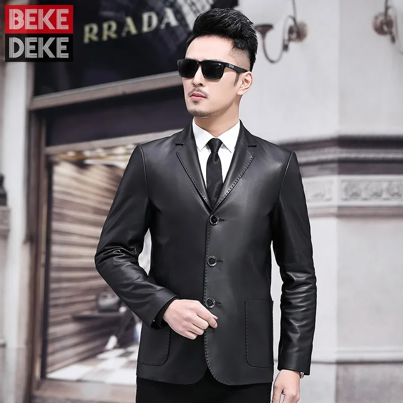 Retro Mens Real Leather Suits Blazers Single Breasted Lapel Male New Fashion Coat Chaquetas De Cuero Hombre Motorcycle Blouson