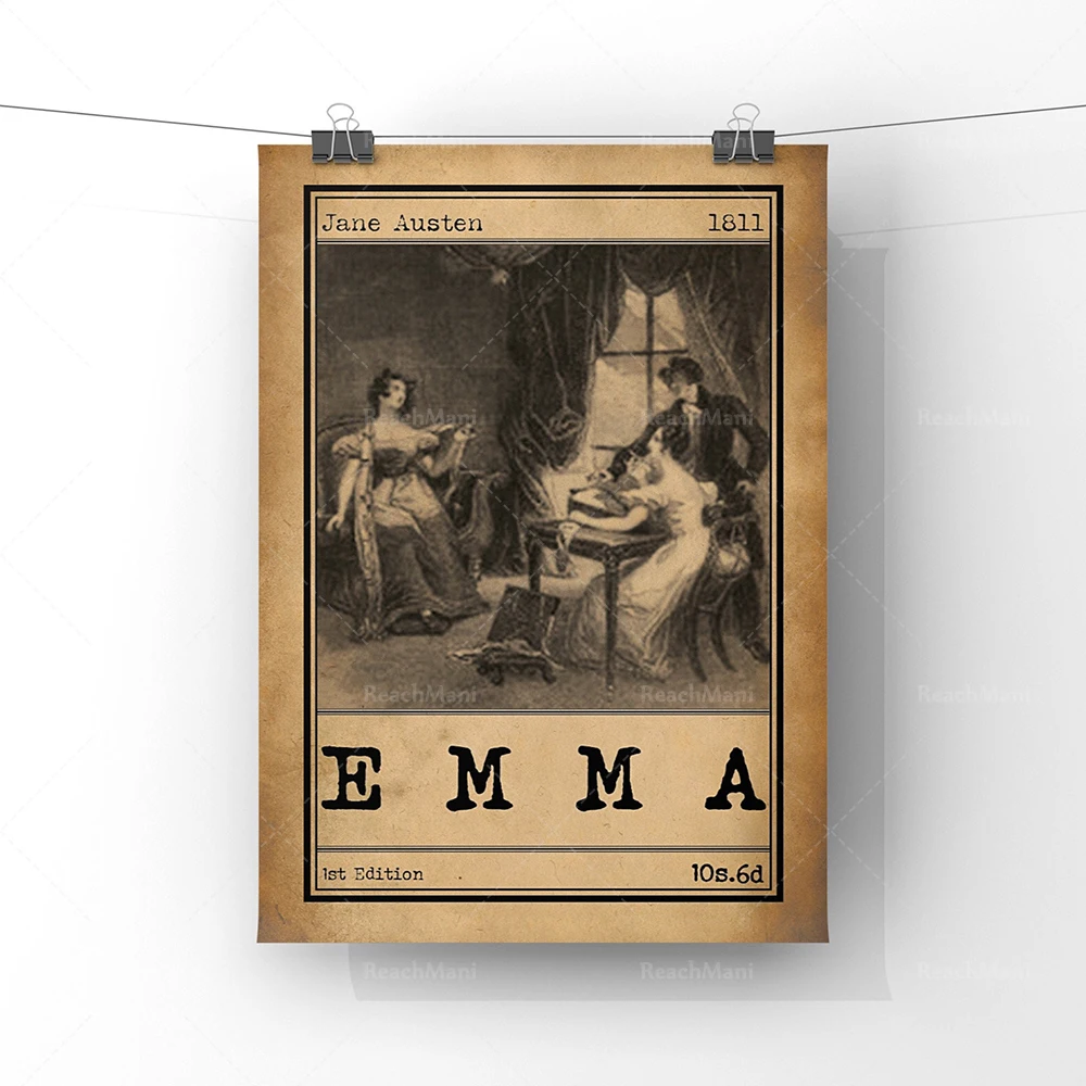 إيما غلاف الكتاب الفن التوضيح ملصق |   طباعة إعلانية لكتاب الرواية الرومانسية الكلاسيكية من جين أوستن |   الأدبية الرومانسية غير المؤطرة