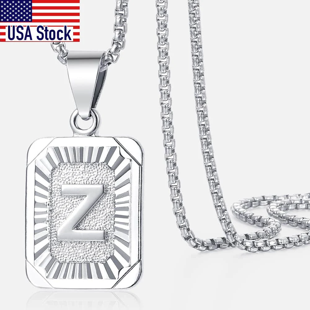 A-Z Letters Silver Color Charm Pendant Necklaces Square Capital Stainless Steel Letter Necklace Unisex Alphabet Jewely GPM11