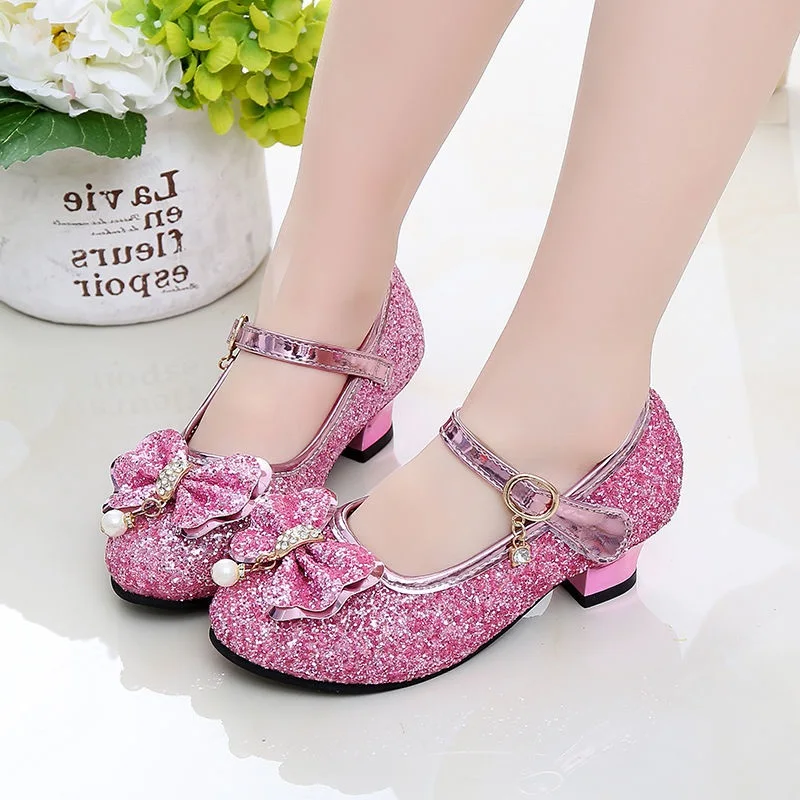 New Children Elegant Princess PU Leather Shoes Bow sequins Sandals Kids Girls Wedding Dress Party Beaded Shoes For Girls