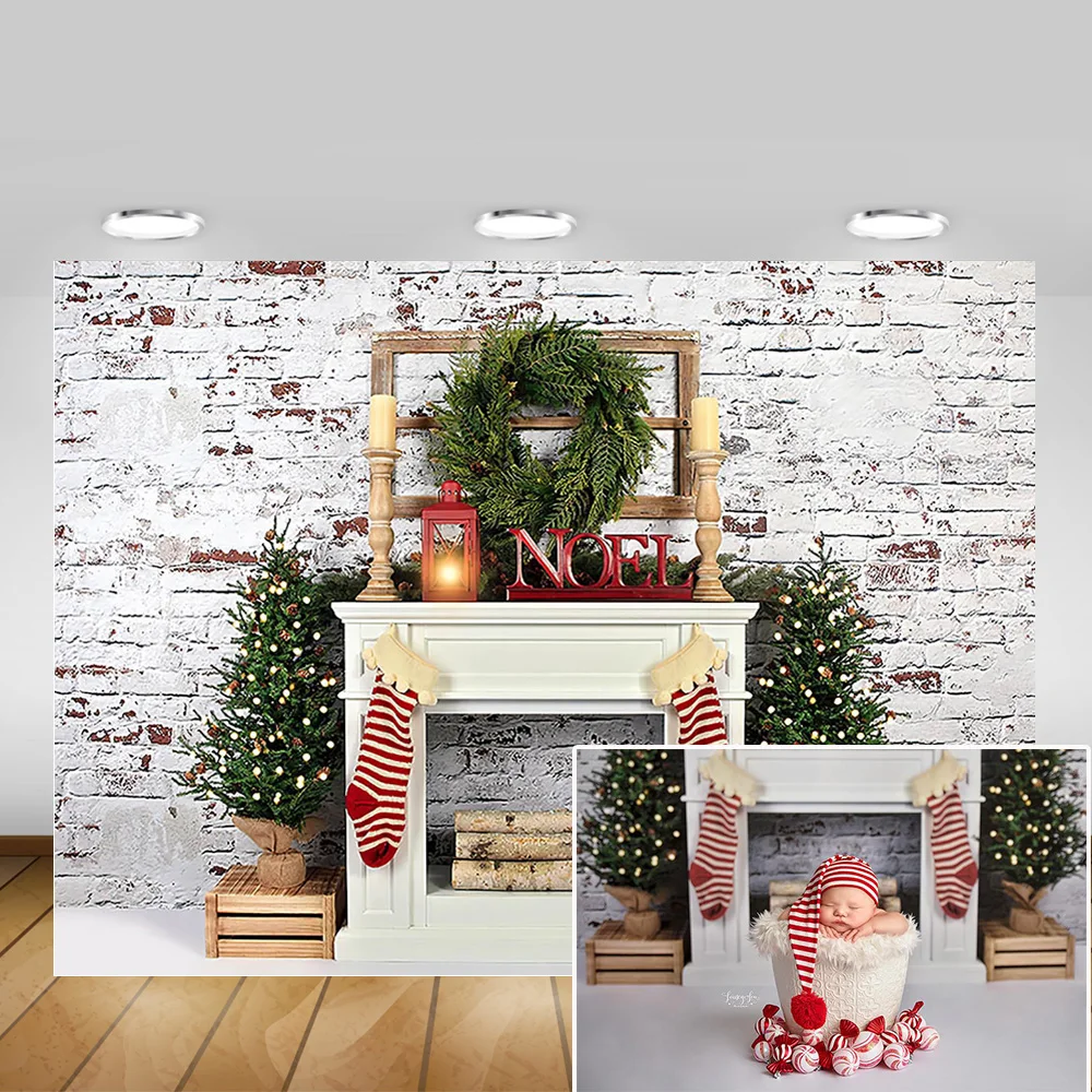 عيد الميلاد التصوير خلفية الشتاء Onederland حفلة عيد ميلاد خلفية الموقد الرجعية الطوب جدار المصباح جورب شجرة عيد الميلاد