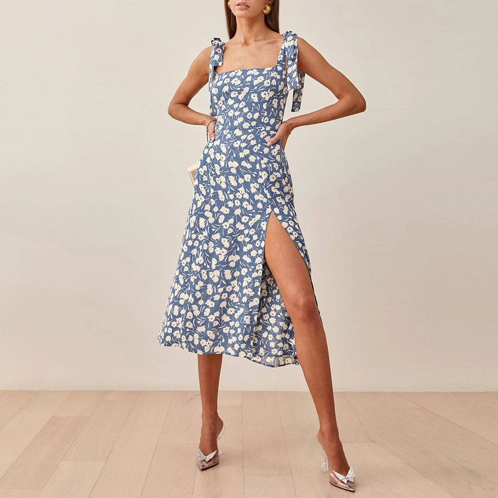 

Beach Dresses For Women 2021 Elegant Floral Print Chiffon Dress Square Neck Sleeveless Tie Strap Sexy Slit Summer Midi Dress