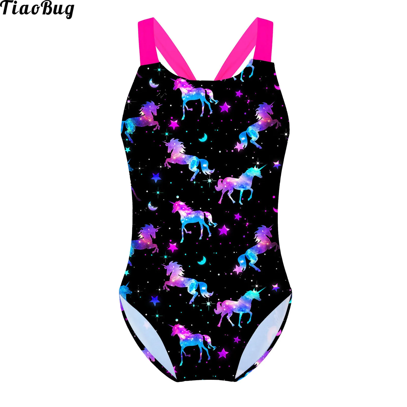 

TiaoBug Summer Sleeveless Wide Shoulder Straps Sapphire One-Piece Swimsuit For Little And Big Girls With Horse And Stars Pattern