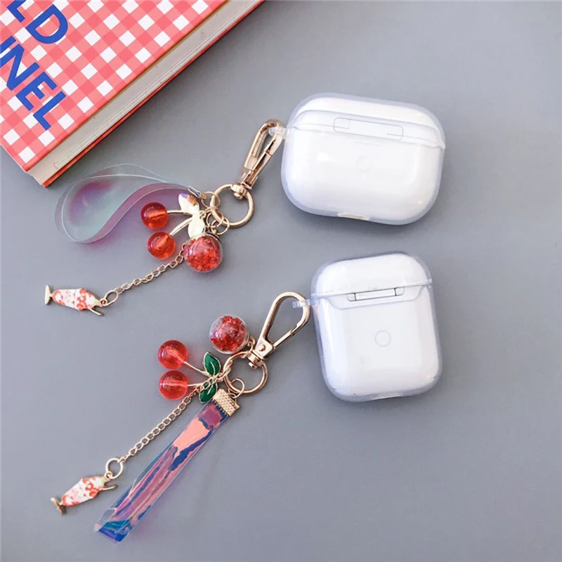 Airpods 1/2 proケース,bluetoothワイヤレスヘッドフォン用の素敵なチェリーパターンソフトtpuケース,キーリング