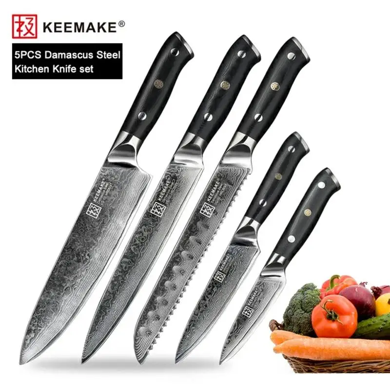 

KEEMAKE Damascus Steel Kitchen Knives 1-5PCS/Set Ultra Sharp Chef's Vegetable Meat Fruit Slicing Cutting Knife Black G10 Handle