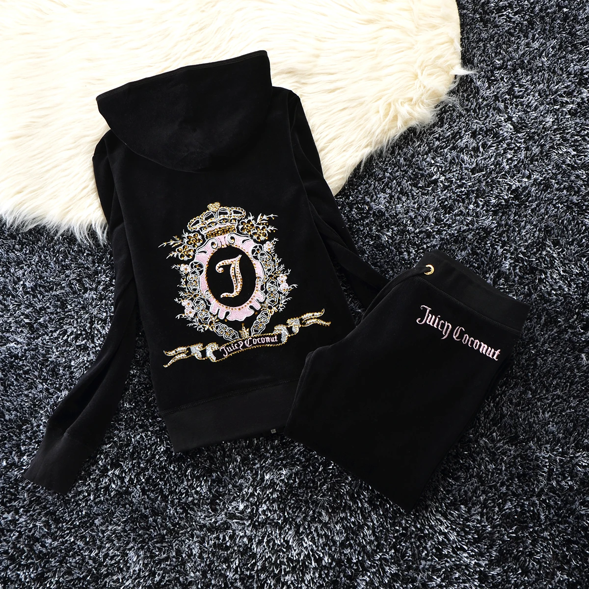 Juicy Coconut Brand Embroidery Diamonds Women Sporting Suits Slim Velvet Casual Women's Tracksuits Hooded Collar Sportswear suit