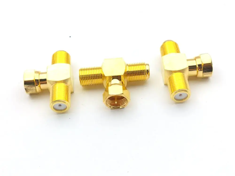 2pcs COPPER Gold plated brass F TV plug pin TO 2 X F TV jack T Splitter COAXIAL