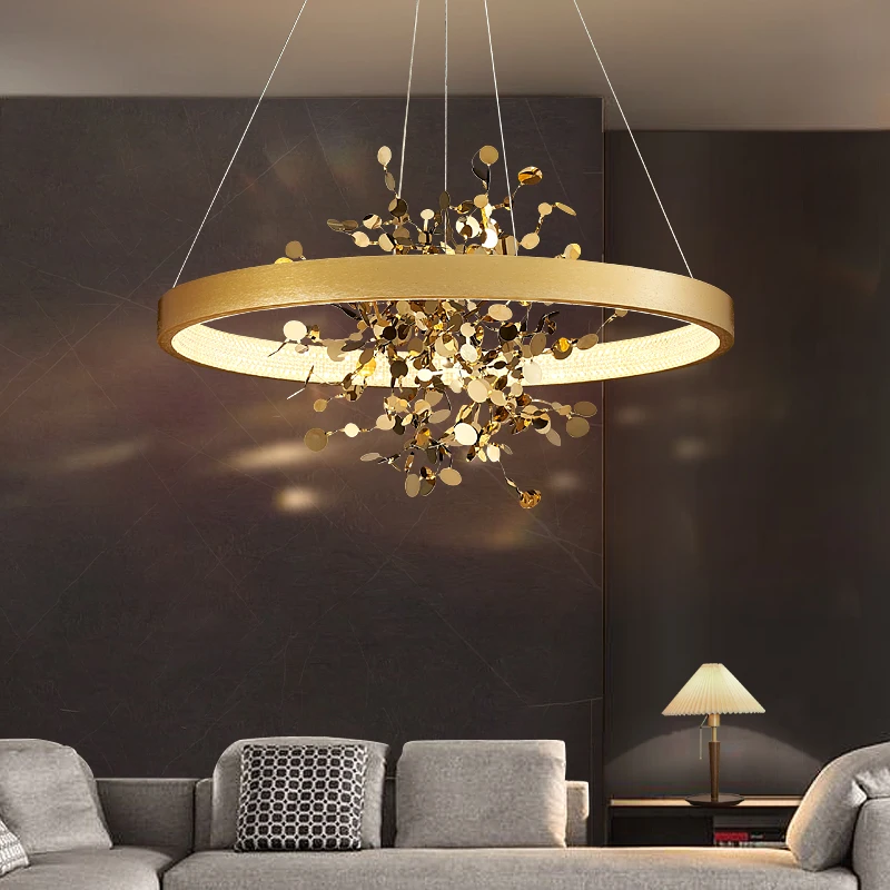 

Kobuc Modern Gold Stainless Steel Ceiling Chandelier Dining Room Copper Round Ring Pendant Lights For Bedroom Cloth Store Coffee