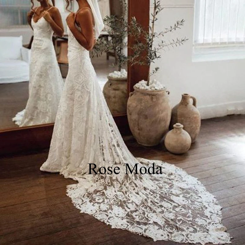 Rose Moda Thin Straps Backless Floral Lace Boho Wedding Dress with Slit Destination Bridal Gown Custom Make