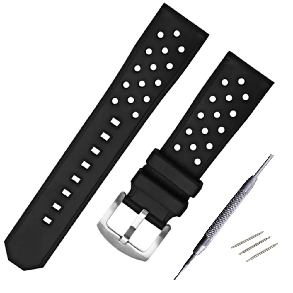 22mm Perforated Silicone Rubber Rally Watch Band Strap Waterproof Air Hole Watchband Stainless Steel Metal Buckle Bracelet