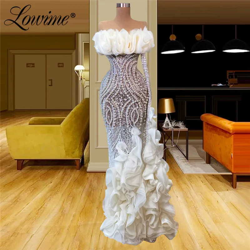 

Lowime Luxury Pearls Party Dress Boat Neck Mermaid Women Evening Gowns 2021 Customized Dubai Arabic Celebrity Prom Dresses Robes