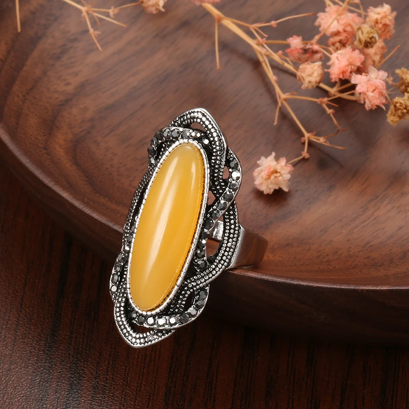 Wbmqda Hot Boho Yellow Stone Earring Ring Sets For Women Tibetan Silver AAA Gray Crystal Big Oval Earring Vintage Jewelry