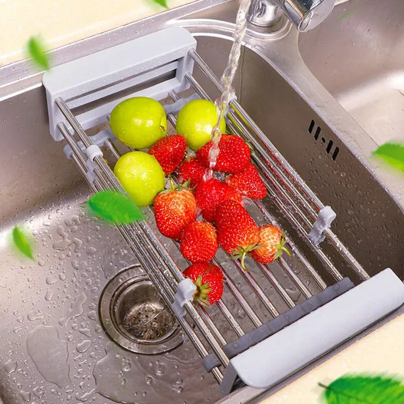 

Expandable Dish Drying Rack and Utensil Cutlery Holder, Expandable Sink Drainer Retractable Drain Rack Sink Organizer for Dishes