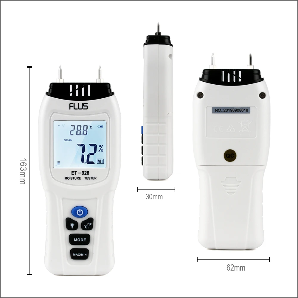 FLUS Portable Digital Wood Water Moisture Meter Thermometer Tester Tools Timber Hygrometer 0~99.9% Wood Moisture Meter