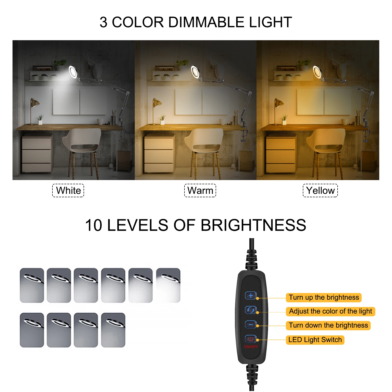 NEWACALOX Flexible Desk Large 5X USB LED Magnifying Glass 3 Colors Illuminated Magnifier Lamp Loupe Reading/Rework/Soldering