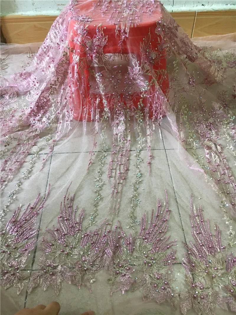 

Good looking flower lace Fabric with beads and stones High Quality Beautiful Nigerian Lace Fabric For fashion show dres