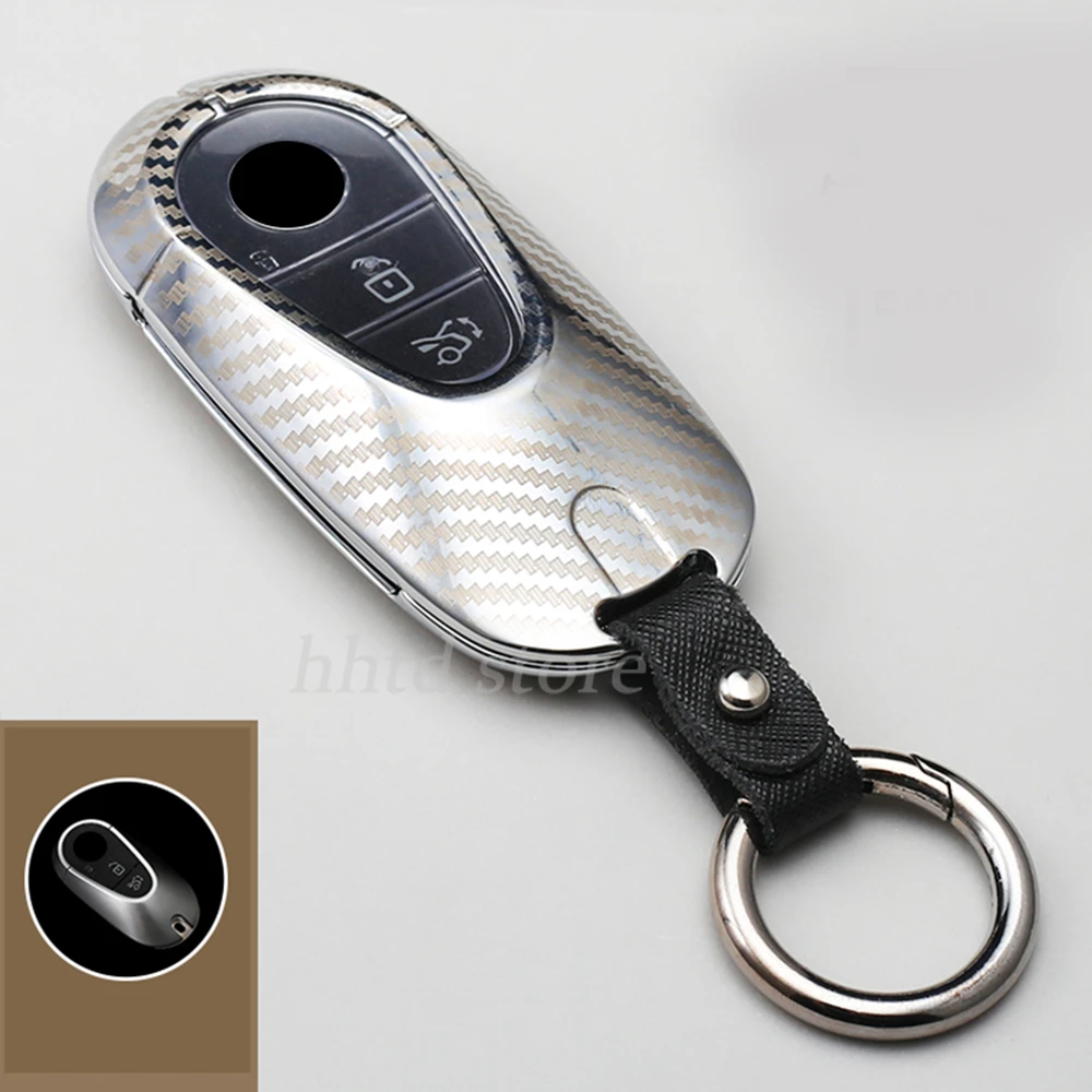 Carbon Texture Metal Remote Start Car Key Case Cover Protector Holder Accessories For Mercedes Benz C S Class S300 S350 W223