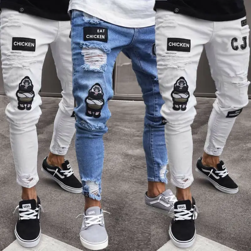 3 Styles Men Stretchy Ripped Skinny Biker Embroidery Print Jeans Destroyed Hole Taped Slim Fit Denim Scratched High Quality Jean