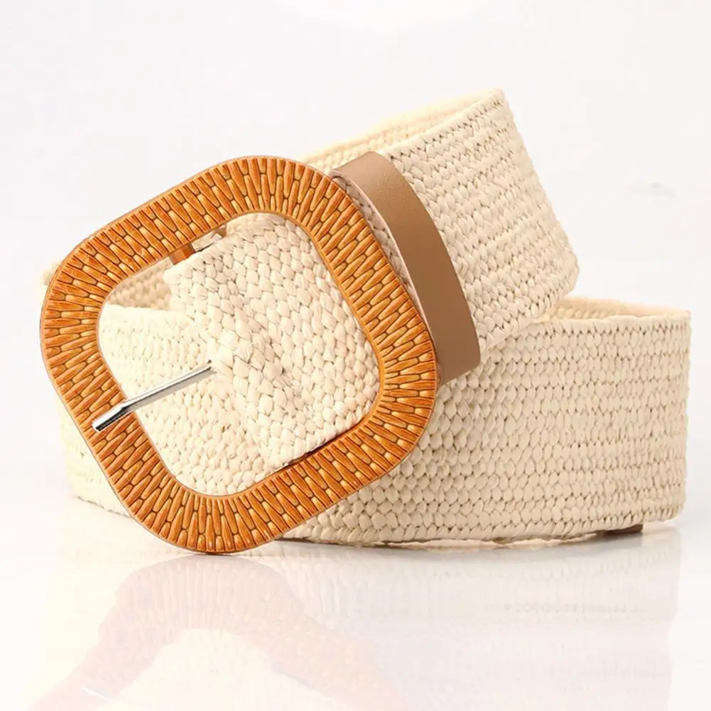 Boho Women Weaving Straw Elastic Waist Band Pin Buckle Belt Dress Jeans Decor Elastic Waist Buckle Belt Waist