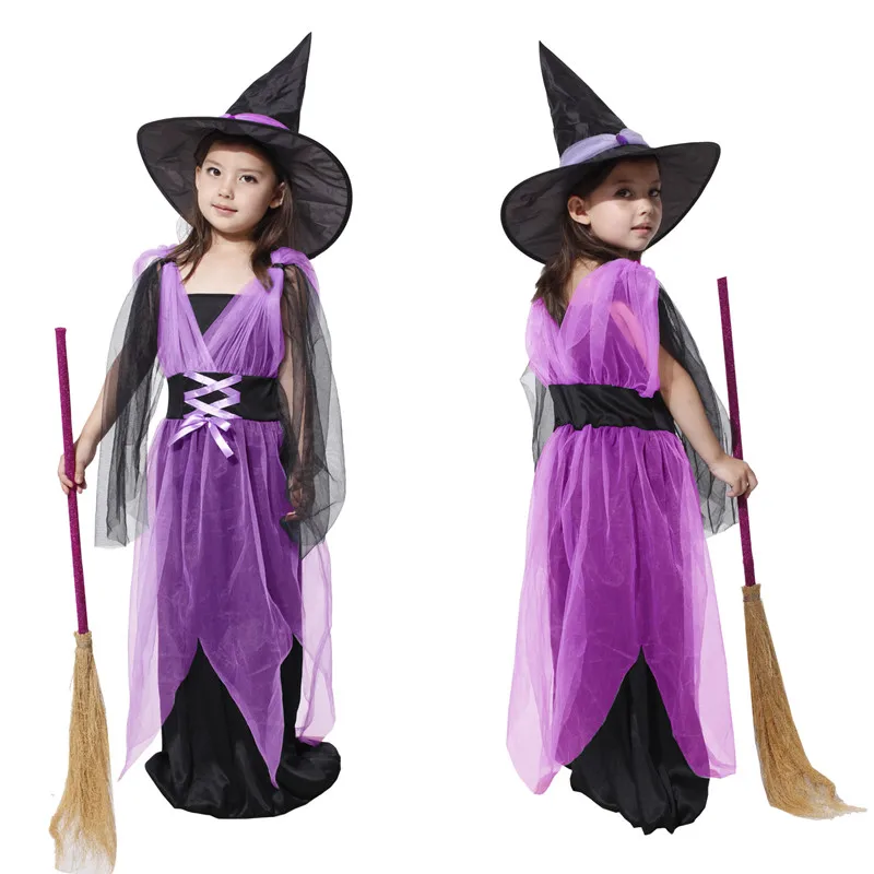 

Gothic Purple Girls Sorceress Cosplay Kids Children Halloween Witch Costumes Carnival Purim Stage Show Role Play Party Dress