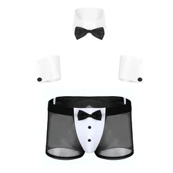 Mens Erotic Lingerie Sex Underwear Waiter Tuxedo See Through Sexy Panties Mesh Boxer Briefs Sexy Underwear with Back Rabbit Ears