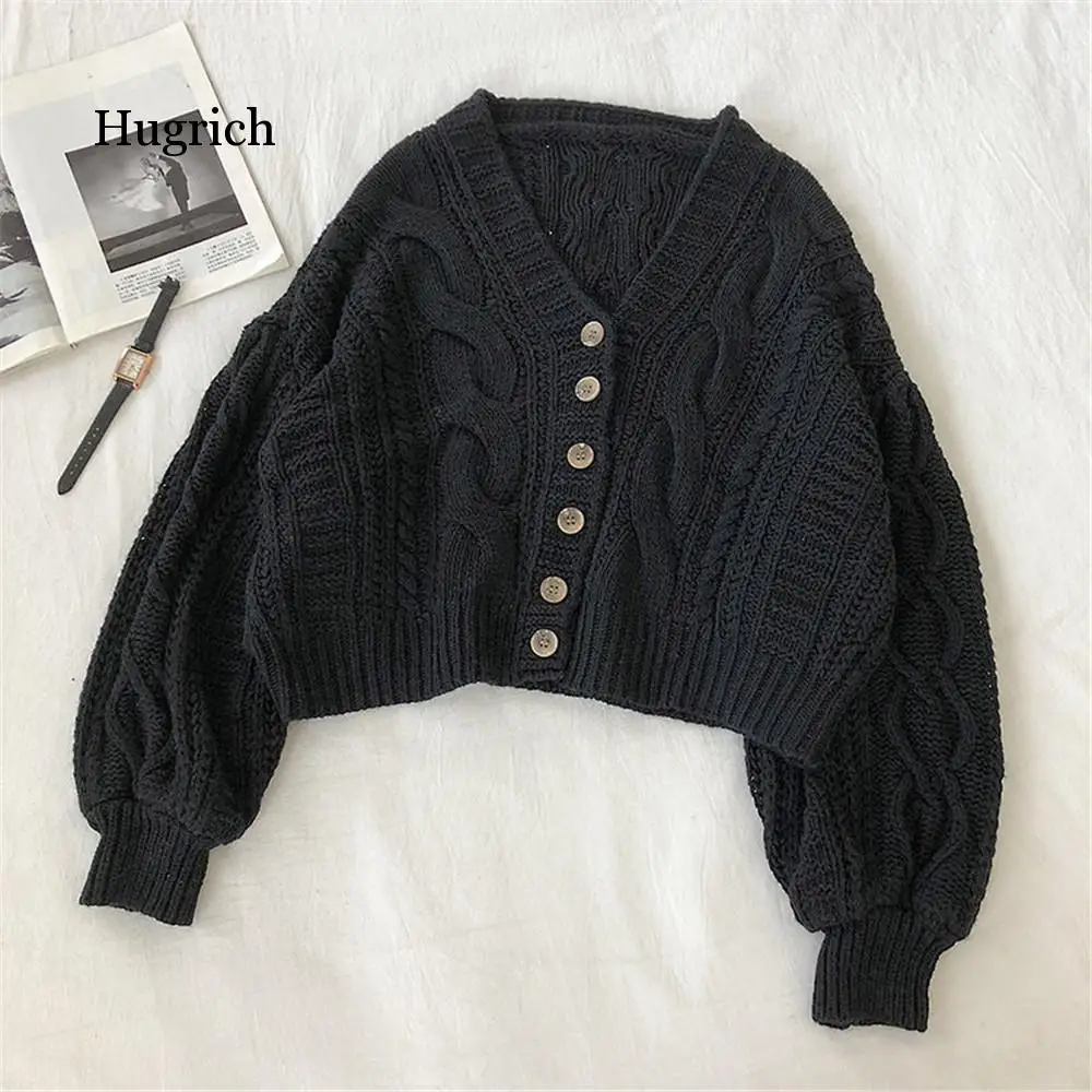 Women Sweater Spring Autumn V-Neck Long Sleeve Black Short Knitted Jacket Solid Simple Warm Cardigan Femme  Jumper