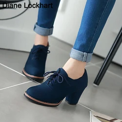 Vintage Women Lace Up Pumps Square Heel Round Toe High Heels British Style Oxfords Autumn Low Top Student Shoes Blue Booties 33