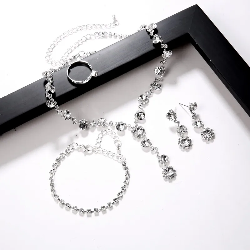 Women\'s Silver Color Fashion Wedding Jewelry Luxury Crystal Pearl Necklace/Bracelet/Ring/Earrings Ladies Jewelry Sets for Bridal