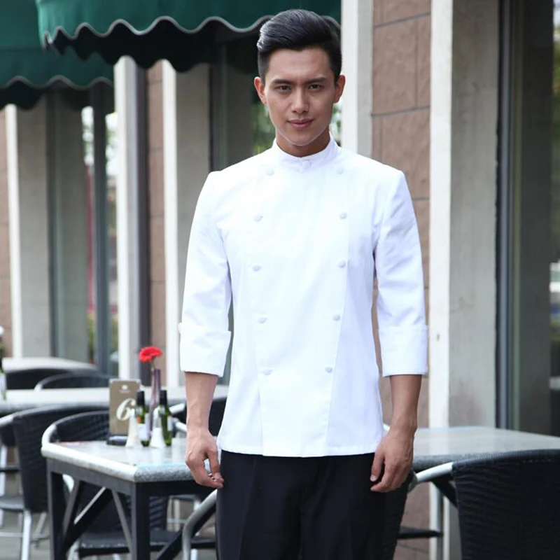 Hotel Restaurant Keuken Chef Werkkleding Mannen Chef Jas Double Breasted Lange mouwen Mannelijke Zwart Wit Cool Bakken Chef Uniformen