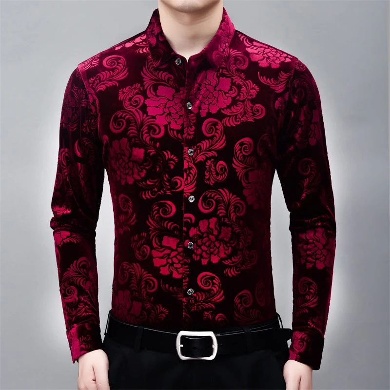 Camisas de manga larga con estampado Floral para hombre, camisa de terciopelo de alta gama, informal, de lujo, a la moda, de fácil cuidado, M-4XL